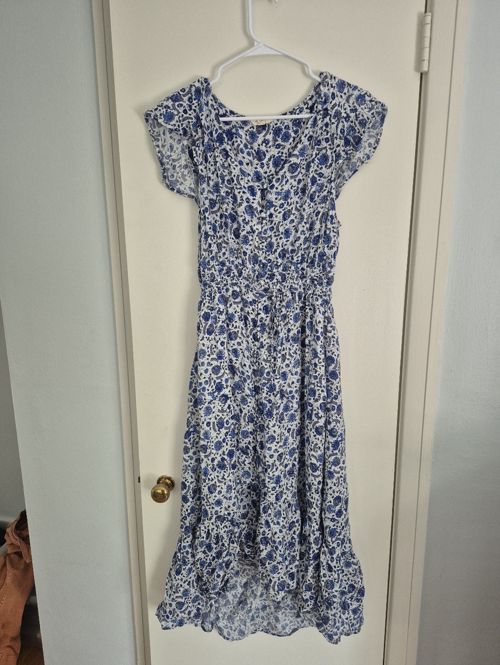 Lucky Brand Blue White Floral Ruffle Maxi Dress